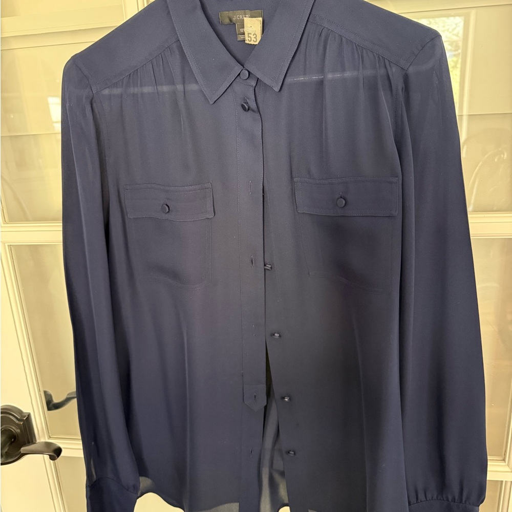 J. Crew Navy 100% Silk Utility Button Up Blouse